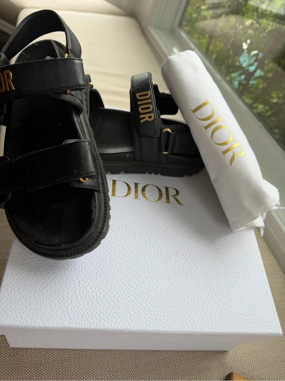 Dior Black Leather Logo Strap Sandals with Gold Accents